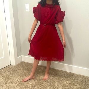 Peppermint red dress with puff sleeves floral detail on sleeves